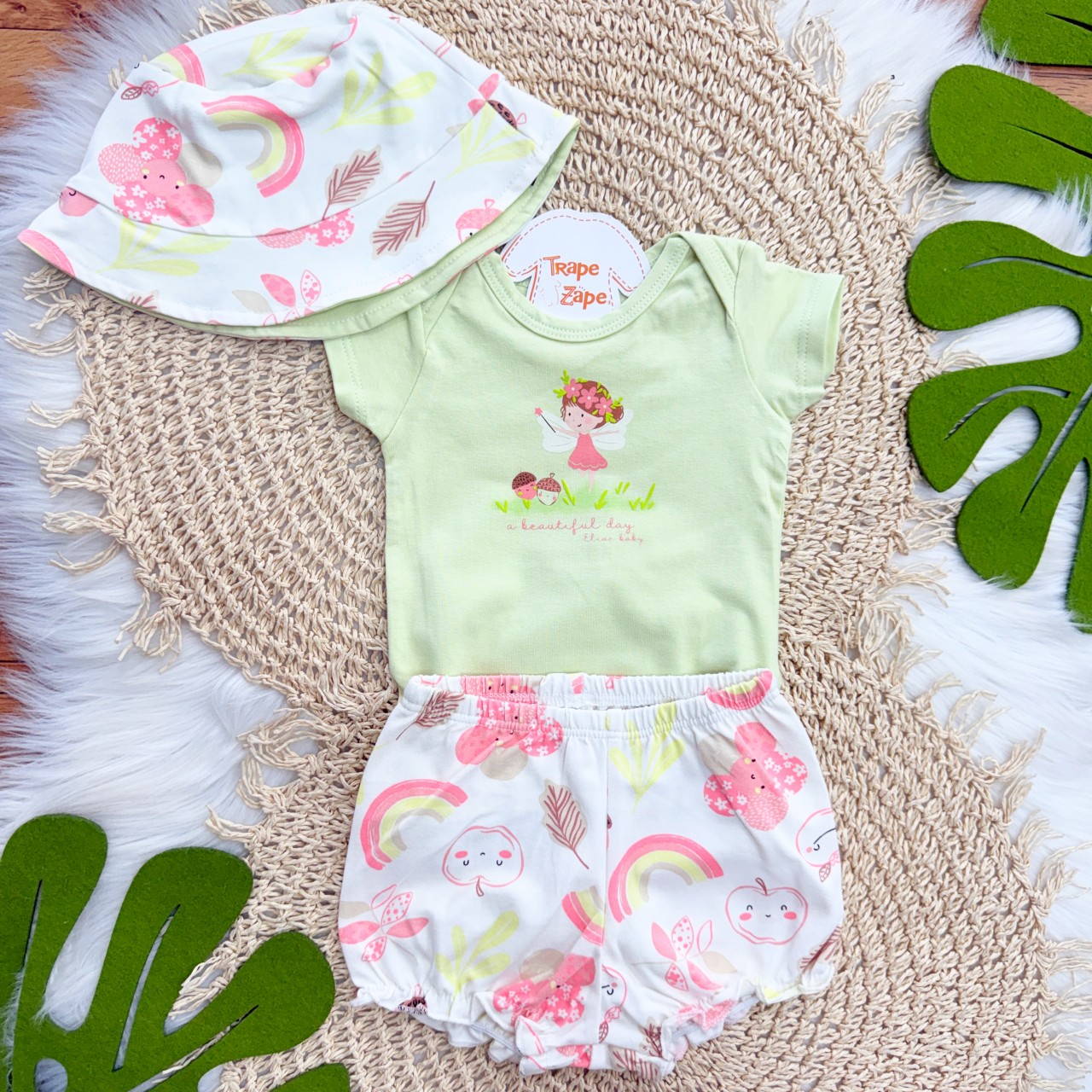 Conj. Body a Beautiful Day, Bucket e Short Frutinhas - Verde e Off White